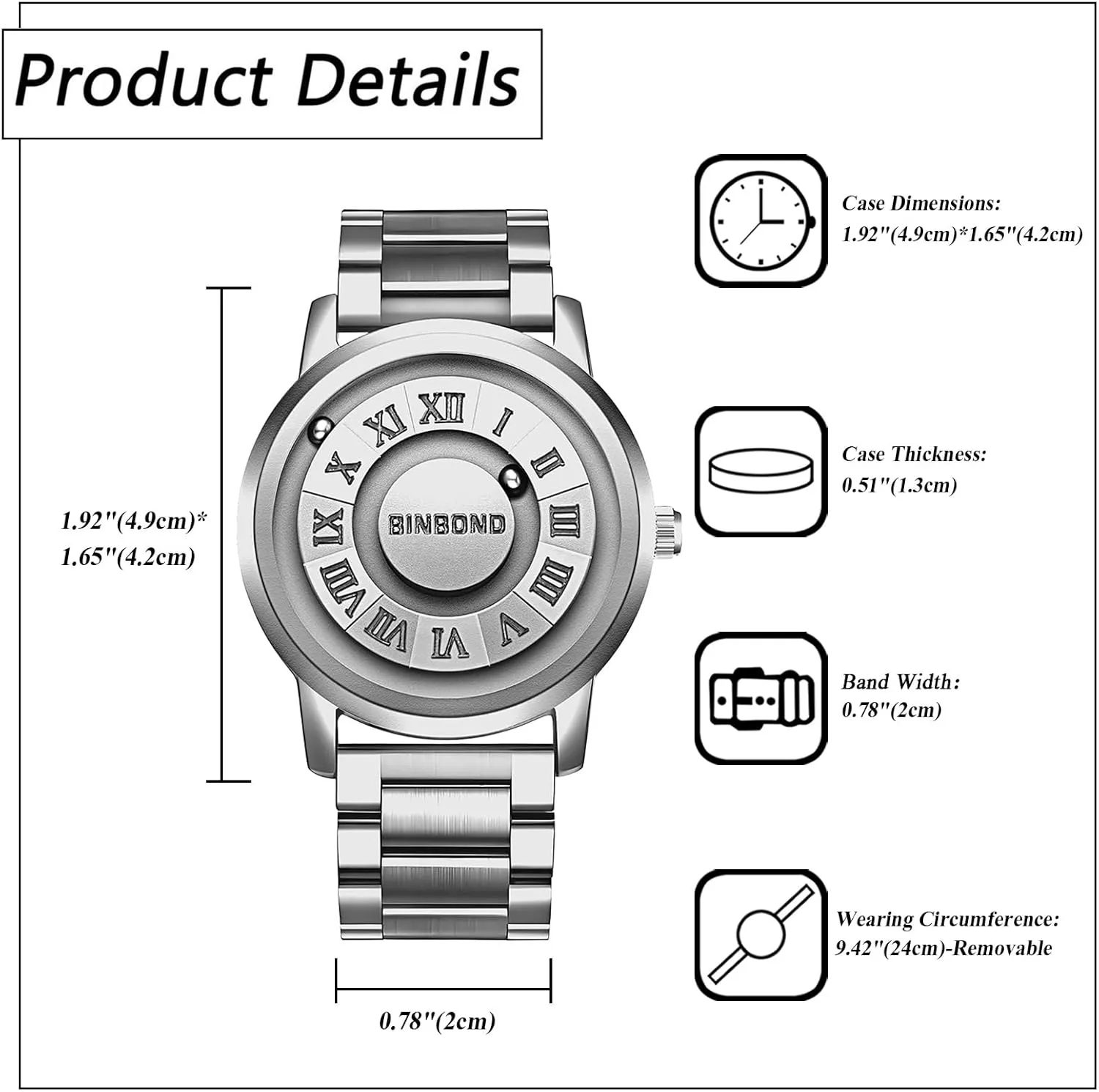 Pointer Concept Detachable Strap Wristwatch JewelryWe Men Magnetic Quartz Watch: Black 3 ATM Waterproof No Lens Design Roman rider needlelike hammer magnetic homely Numeral Dial Stainless Steel Band Futuristic Ball 