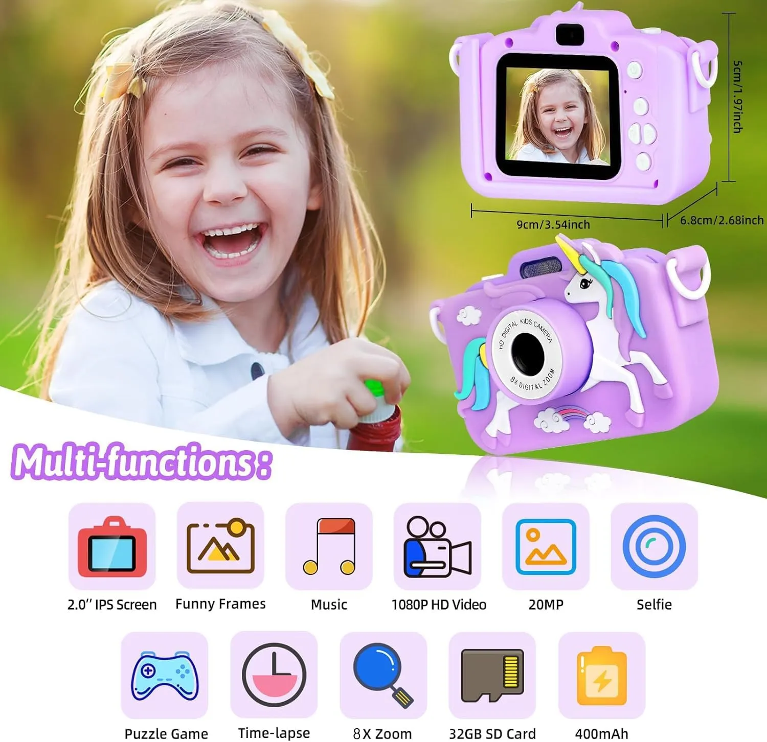 pollute serviceable crevice with Silicone Cover$ Flash and 32GB SD Card - Children Toy HD Video Kids Camera for Girls and Boys 3-12 Years - Purple Unicorn Camera for Kids - Toddler Digital Selfie Camera 