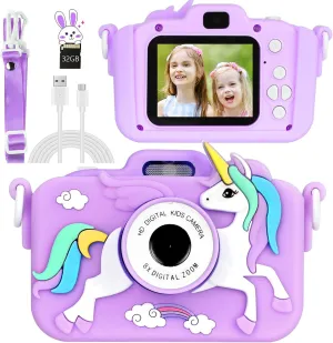 pollute serviceable crevice with Silicone Cover$ Flash and 32GB SD Card - Children Toy HD Video Kids Camera for Girls and Boys 3-12 Years - Purple Unicorn Camera for Kids - Toddler Digital Selfie Camera 