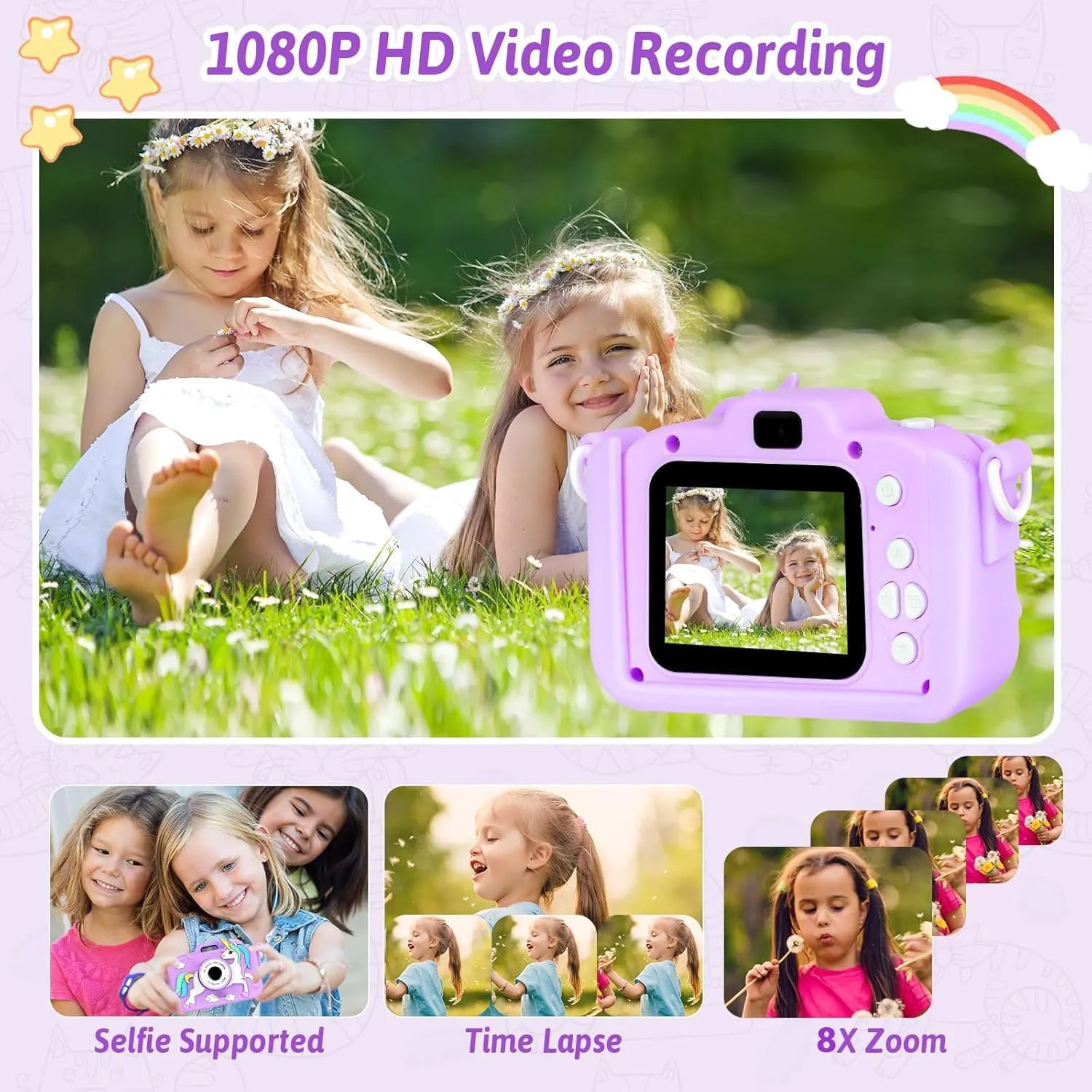 pollute serviceable crevice with Silicone Cover$ Flash and 32GB SD Card - Children Toy HD Video Kids Camera for Girls and Boys 3-12 Years - Purple Unicorn Camera for Kids - Toddler Digital Selfie Camera 