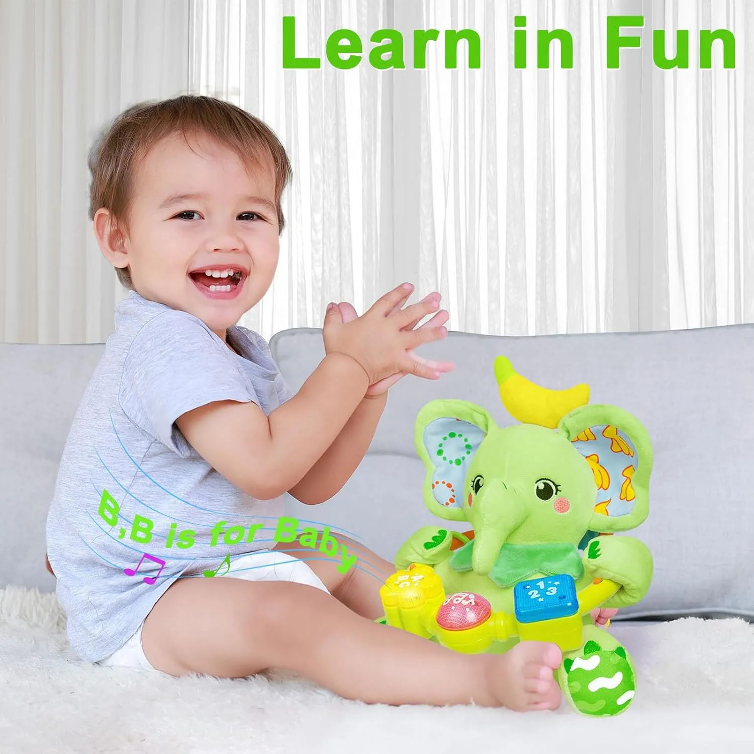 pollution goldsmith Toys for 0-3-6-12  Months Boy Girl$ Green Baby Elephant Musical Stuffed Animals Toy with Light-Up Music & Crinkle Sound Paper$Infant Bilingual Early Learning Education Toys$Tummy Time 