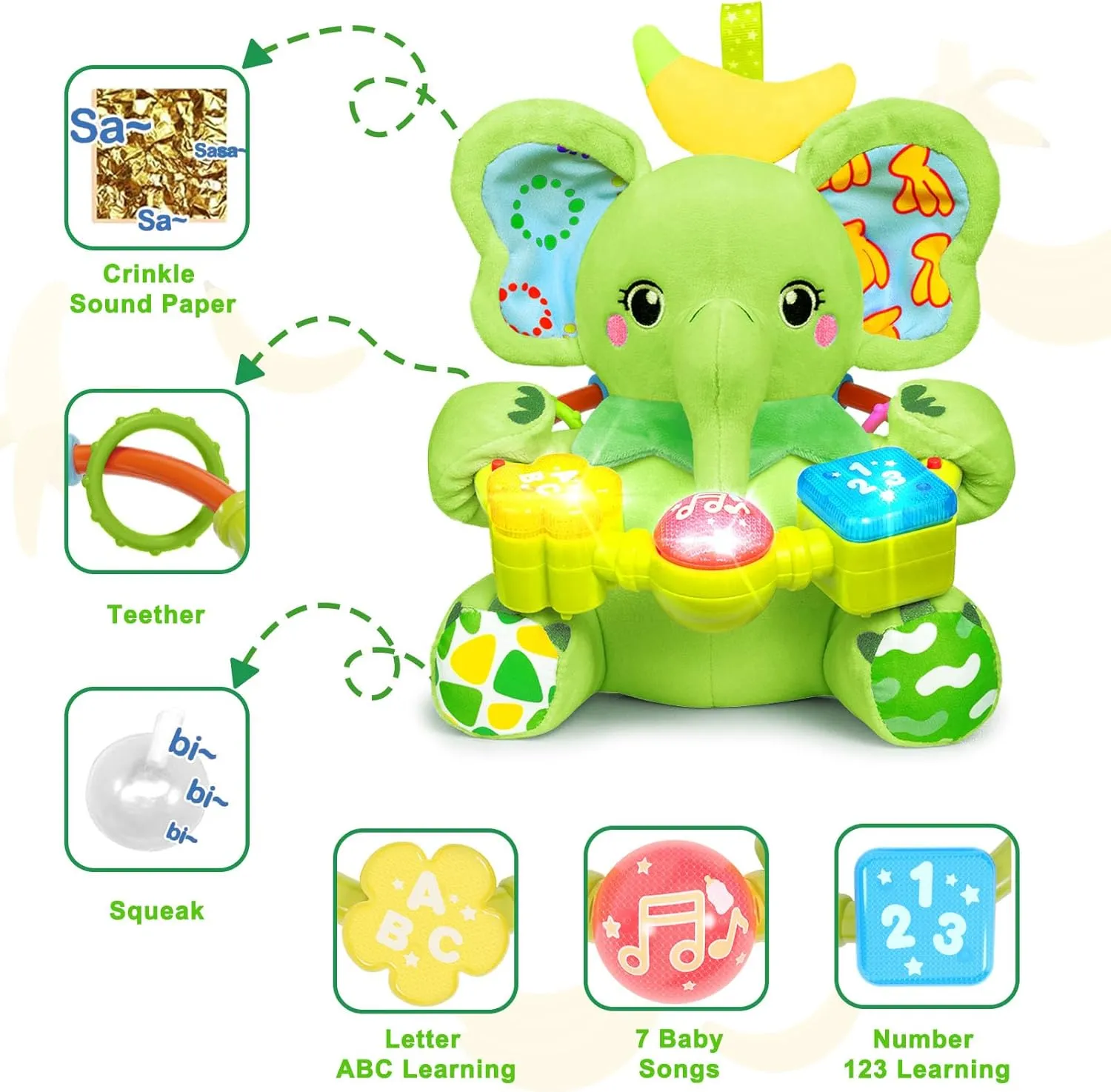 pollution goldsmith Toys for 0-3-6-12  Months Boy Girl$ Green Baby Elephant Musical Stuffed Animals Toy with Light-Up Music & Crinkle Sound Paper$Infant Bilingual Early Learning Education Toys$Tummy Time 