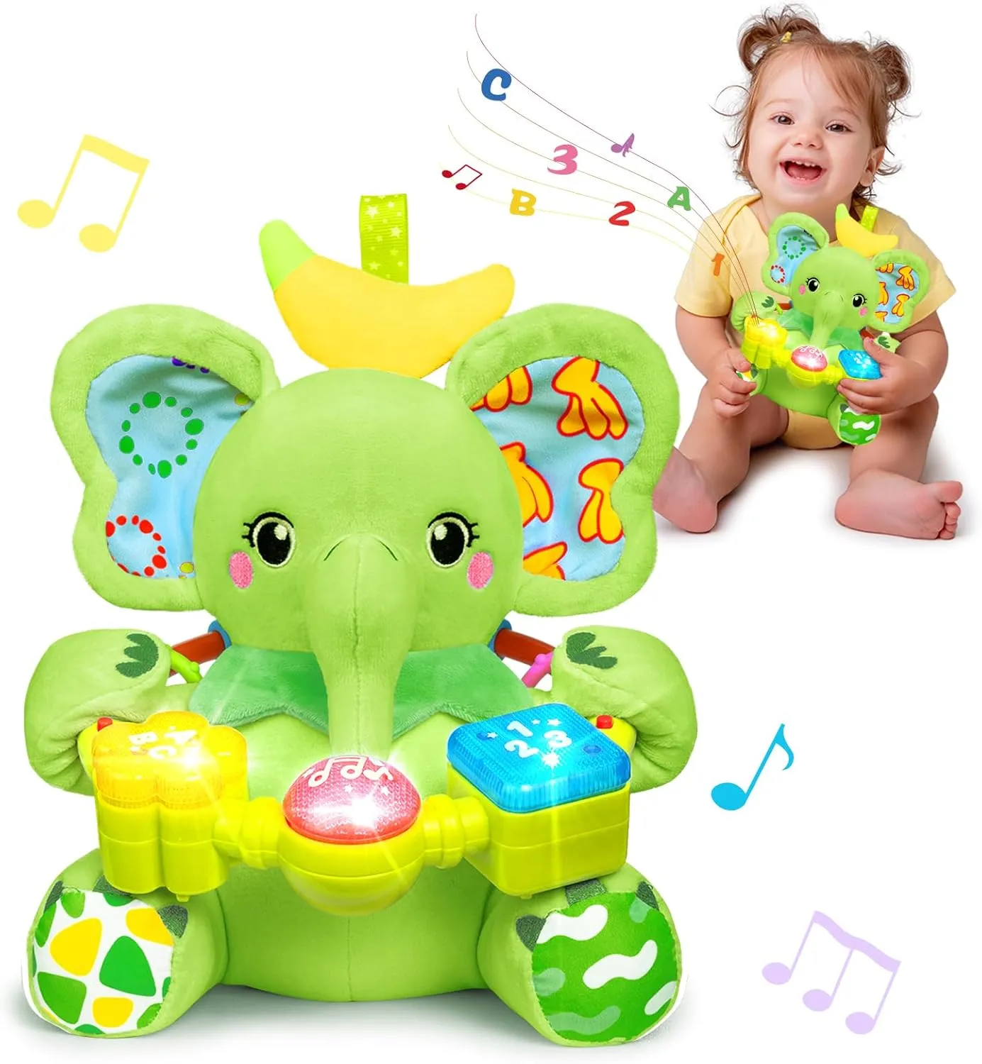pollution goldsmith Toys for 0-3-6-12  Months Boy Girl$ Green Baby Elephant Musical Stuffed Animals Toy with Light-Up Music & Crinkle Sound Paper$Infant Bilingual Early Learning Education Toys$Tummy Time 