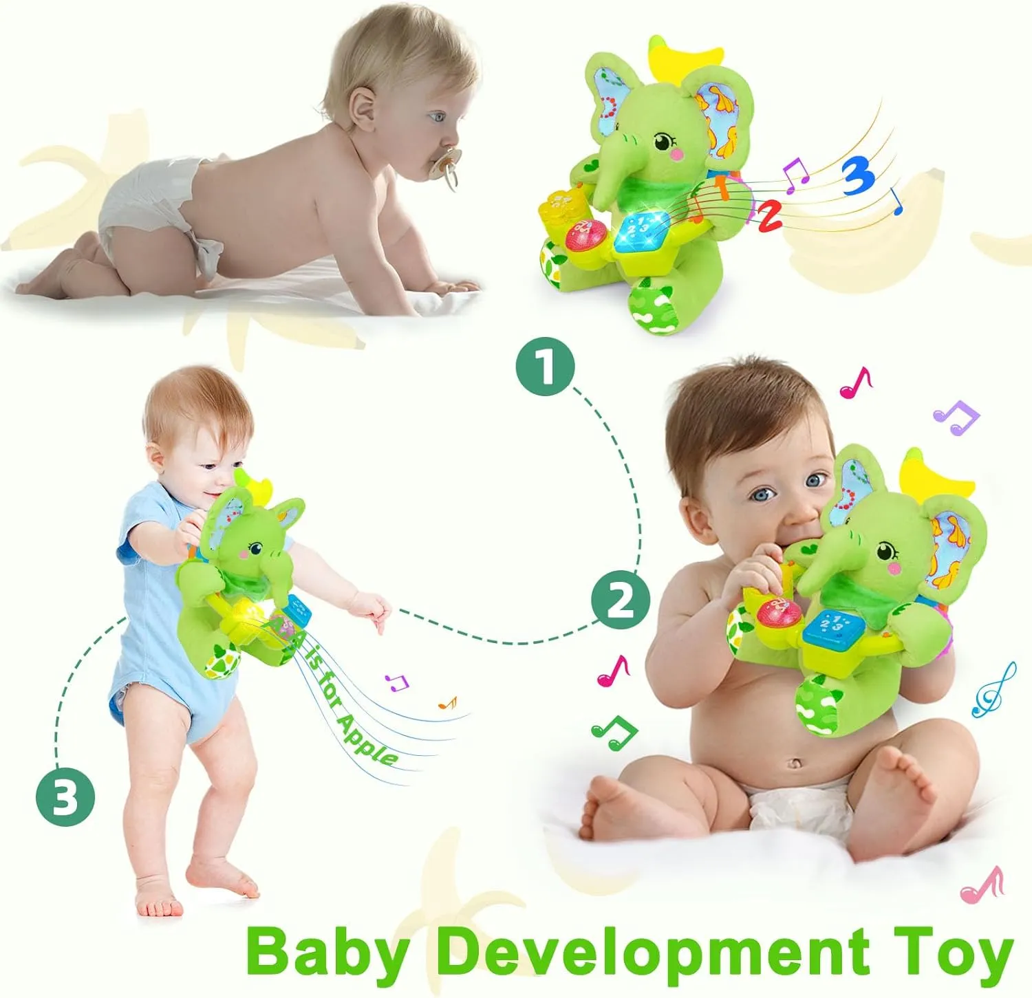 pollution goldsmith Toys for 0-3-6-12  Months Boy Girl$ Green Baby Elephant Musical Stuffed Animals Toy with Light-Up Music & Crinkle Sound Paper$Infant Bilingual Early Learning Education Toys$Tummy Time 