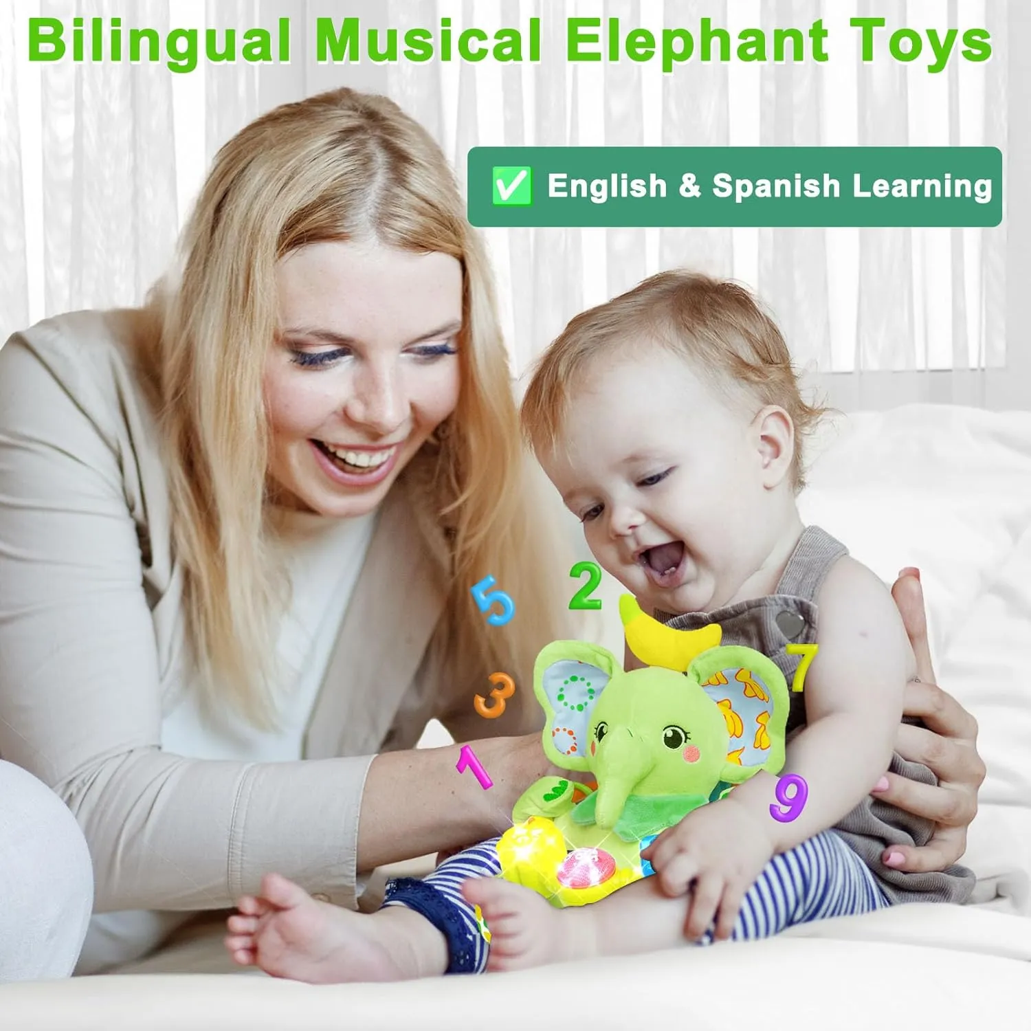 pollution goldsmith Toys for 0-3-6-12  Months Boy Girl$ Green Baby Elephant Musical Stuffed Animals Toy with Light-Up Music & Crinkle Sound Paper$Infant Bilingual Early Learning Education Toys$Tummy Time 
