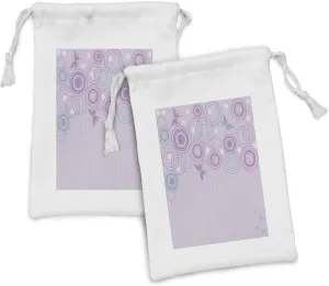 Pouch Set of 2, Abstract unspecified stagnate Soft Color Background with Summer Season Animals and Circles, Small Drawstring Bag for Toiletries Masks and Favors, 9" x 6", Lilac Blue Pink Ambesonne Butterfly Fabric 