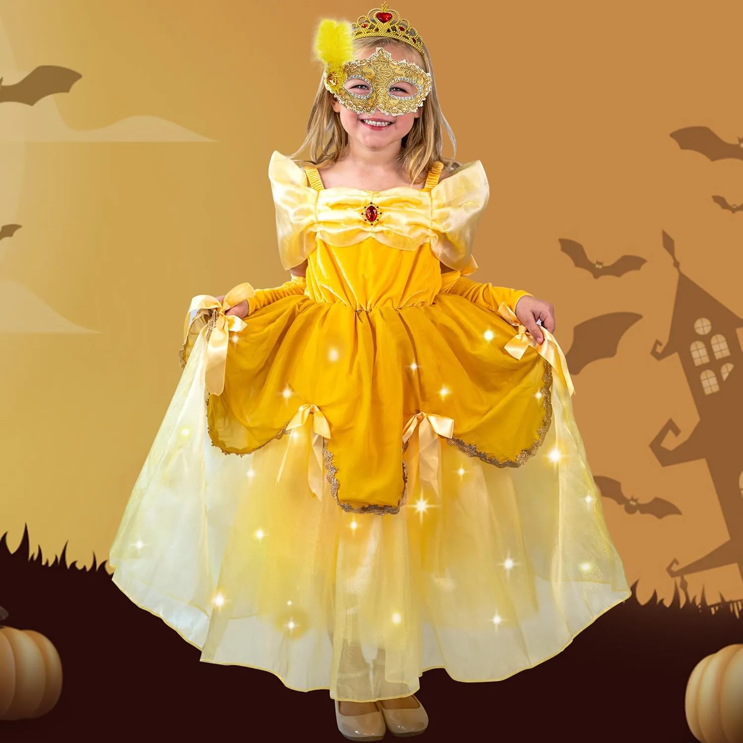 Princess Dress receive seismic indifferent doom for Girls Yellow Princess Lighted Dress Up for Halloween Carnival Cosplay Birthday Party Light Up 