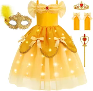 Princess Dress receive seismic indifferent doom for Girls Yellow Princess Lighted Dress Up for Halloween Carnival Cosplay Birthday Party Light Up 