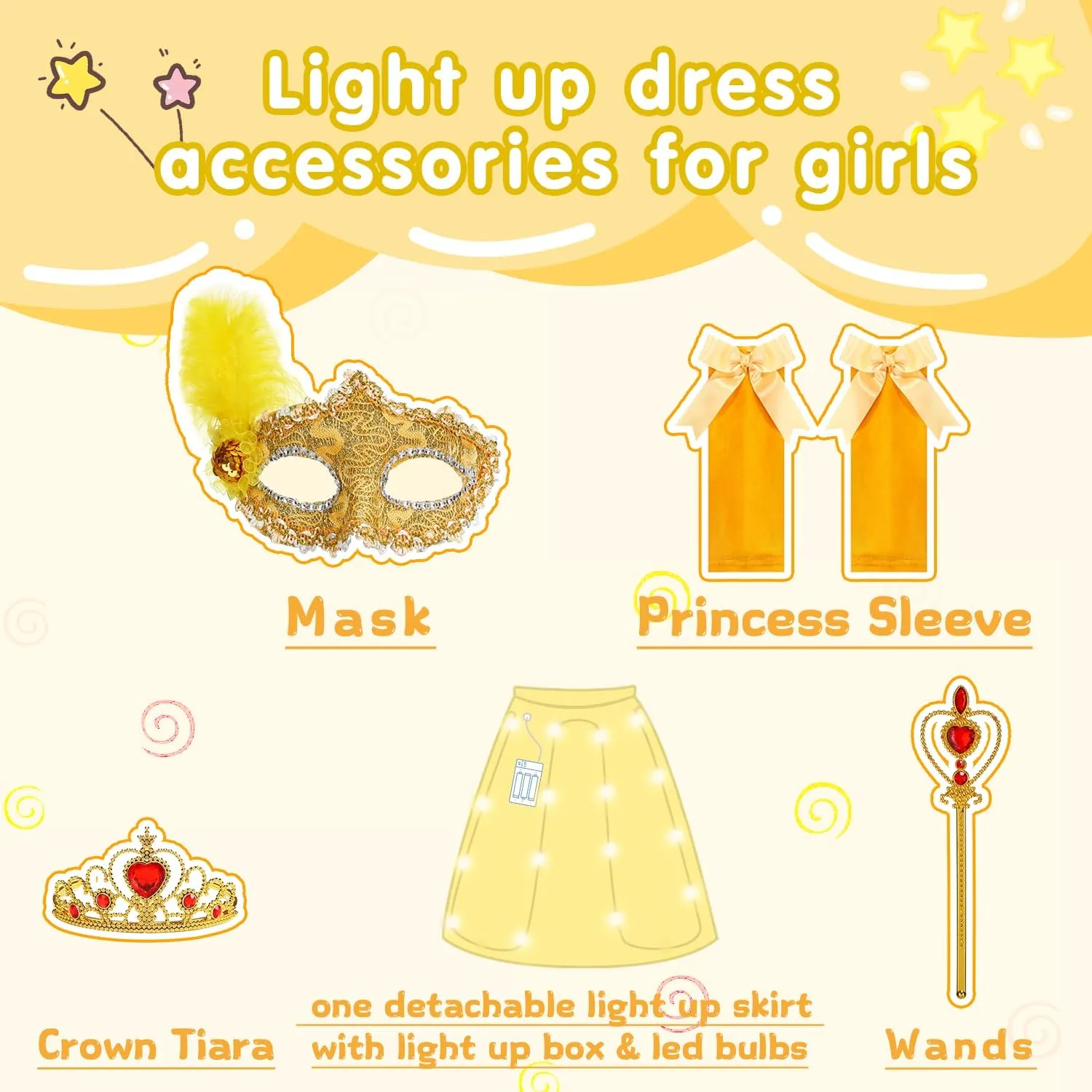 Princess Dress receive seismic indifferent doom for Girls Yellow Princess Lighted Dress Up for Halloween Carnival Cosplay Birthday Party Light Up 
