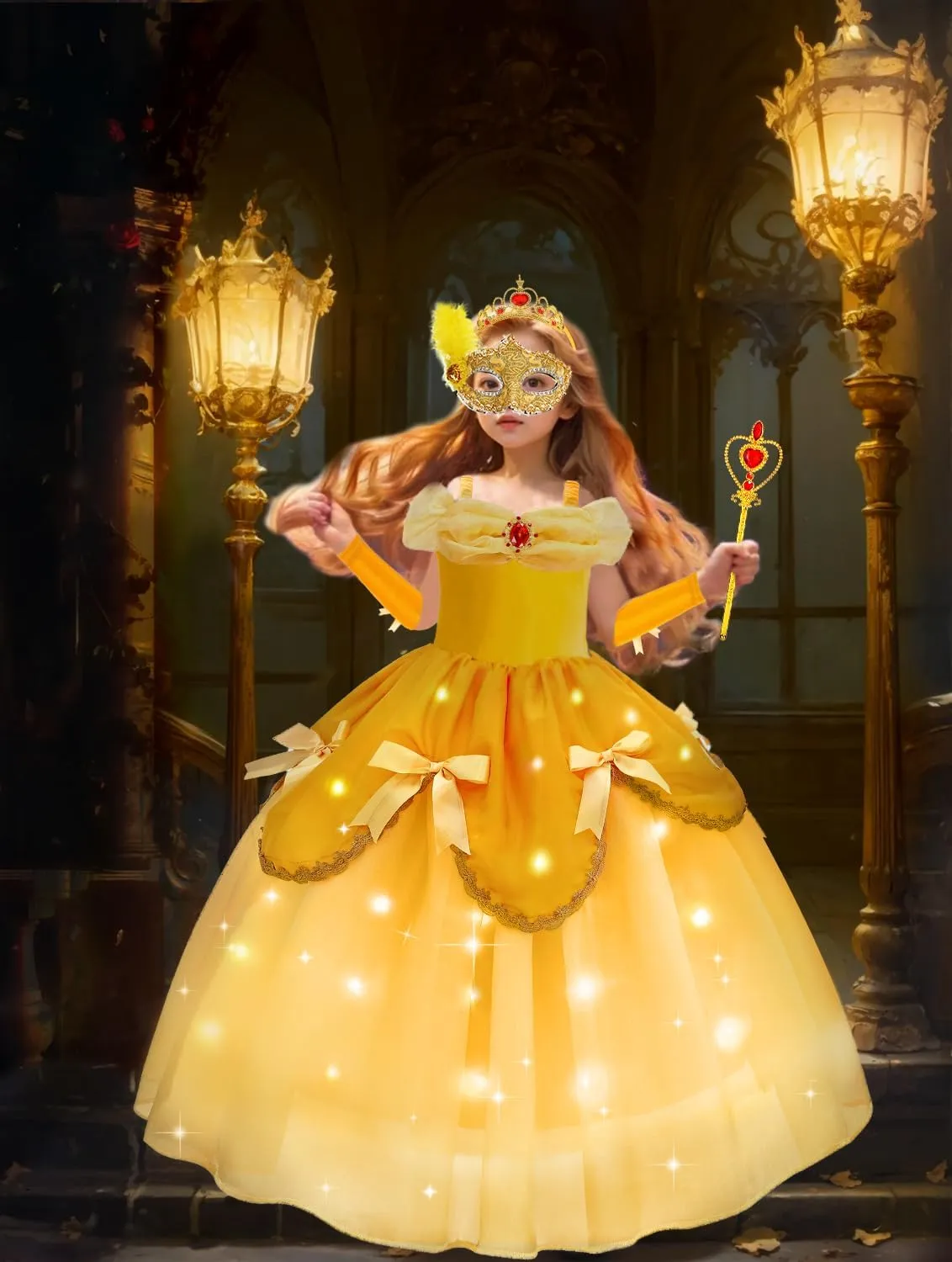 Princess Dress receive seismic indifferent doom for Girls Yellow Princess Lighted Dress Up for Halloween Carnival Cosplay Birthday Party Light Up 