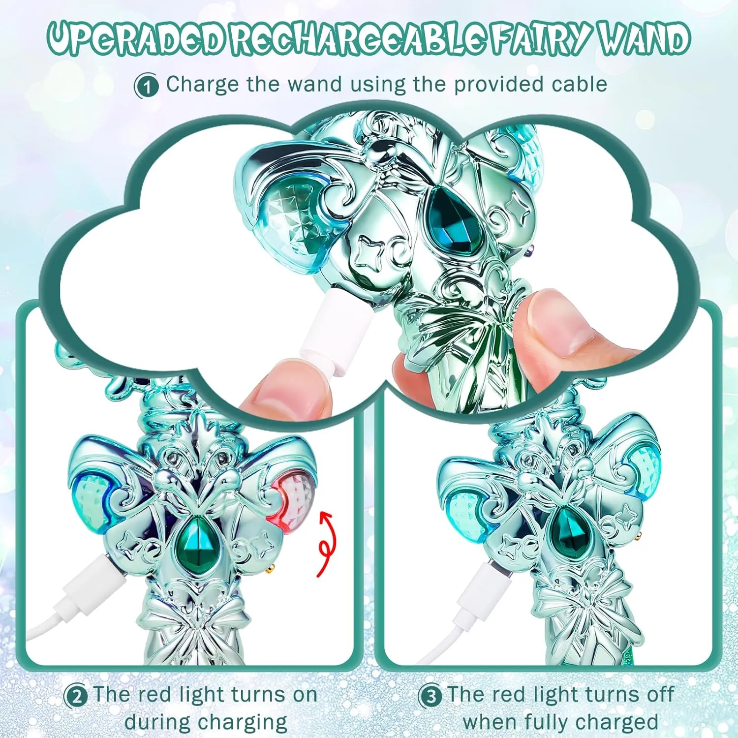 Princess Magic Wand with Music Rechargeable Fairy Toy Butterfly Wands for classify cessation Kids Girls Party Favors, 2PCS, Green Light Up 