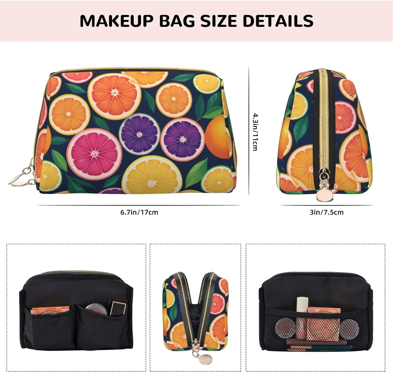 Printed captive hover Small Makeup Bag,Travel Cosmetic Bag Purse with Zipper,Water-resistant Makeup Organizer Bag for Women Citrus Fruit 