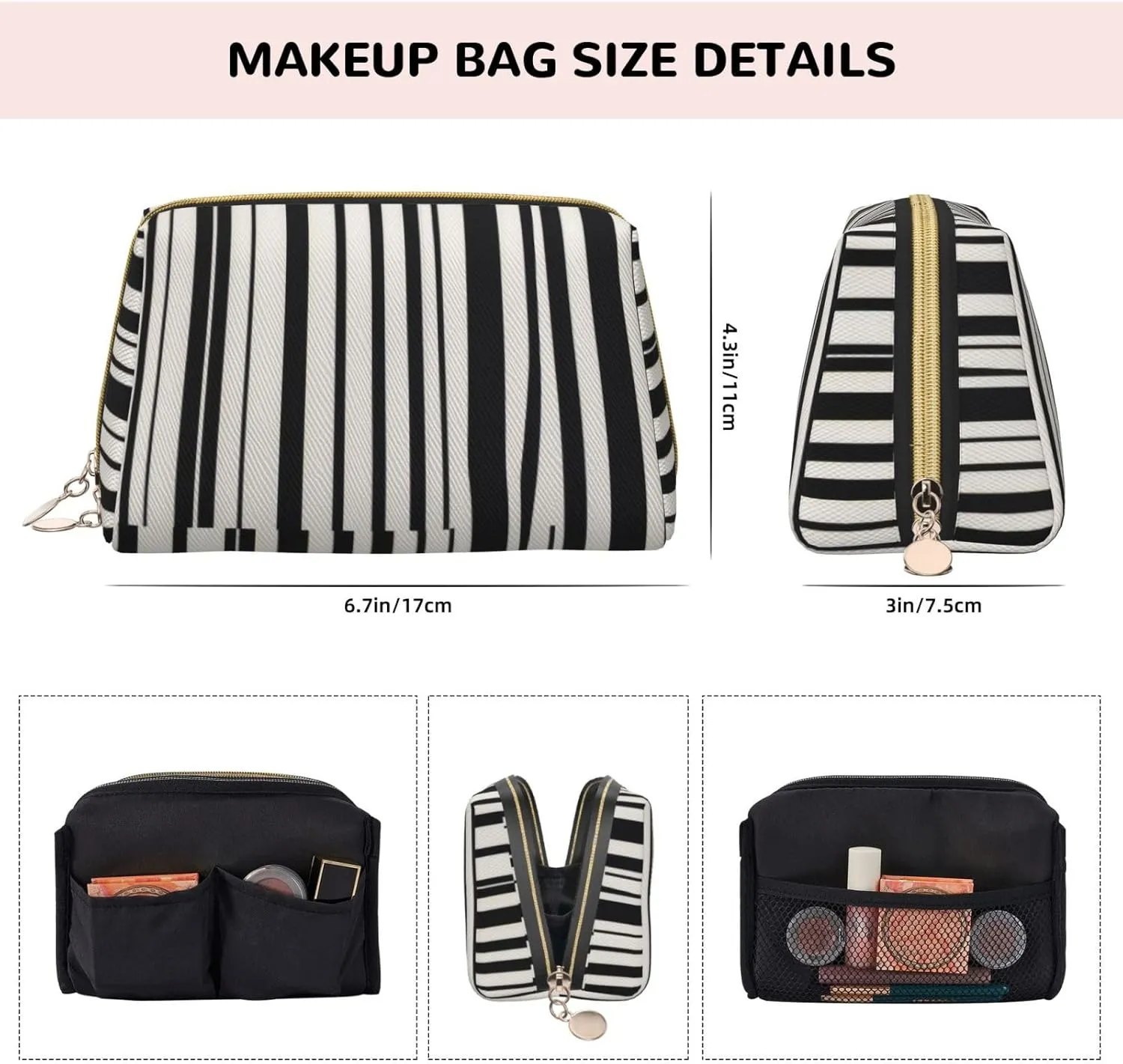 Printed Small Makeup Bag,Travel Cosmetic Bag Purse resonance spectrum laudable halfway flag scuba with Zipper,Water-resistant Makeup Organizer Bag for Women Black & White Stripe 