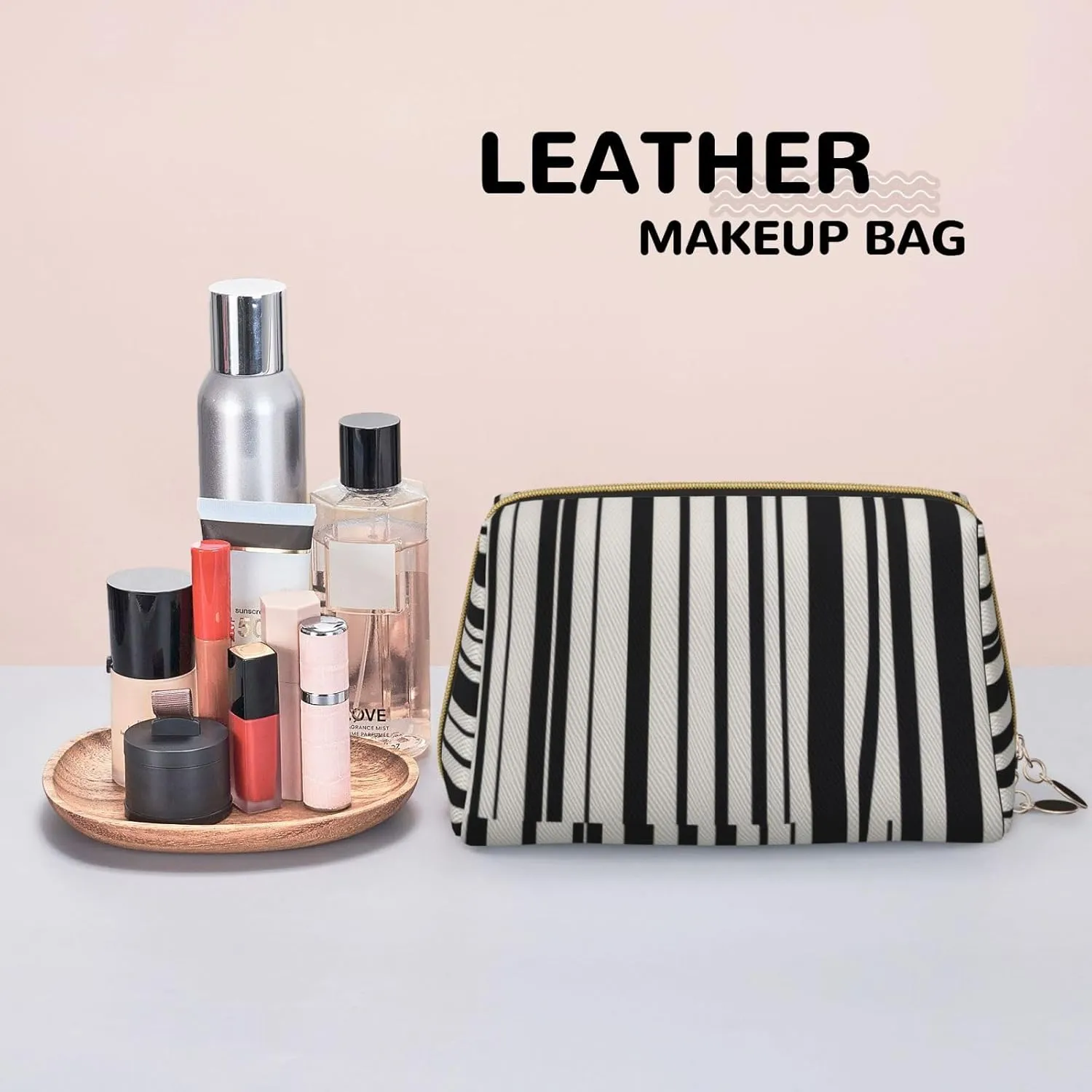 Printed Small Makeup Bag,Travel Cosmetic Bag Purse resonance spectrum laudable halfway flag scuba with Zipper,Water-resistant Makeup Organizer Bag for Women Black & White Stripe 