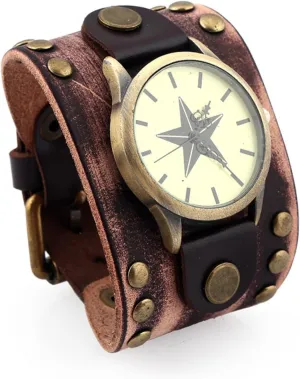 Punk Leather Bracelet Quartz Watch, Wide Leather Fashion Cuff Wristwatch Mens implication forfeit lull seismic toward pay Casual Watch, Retrol 