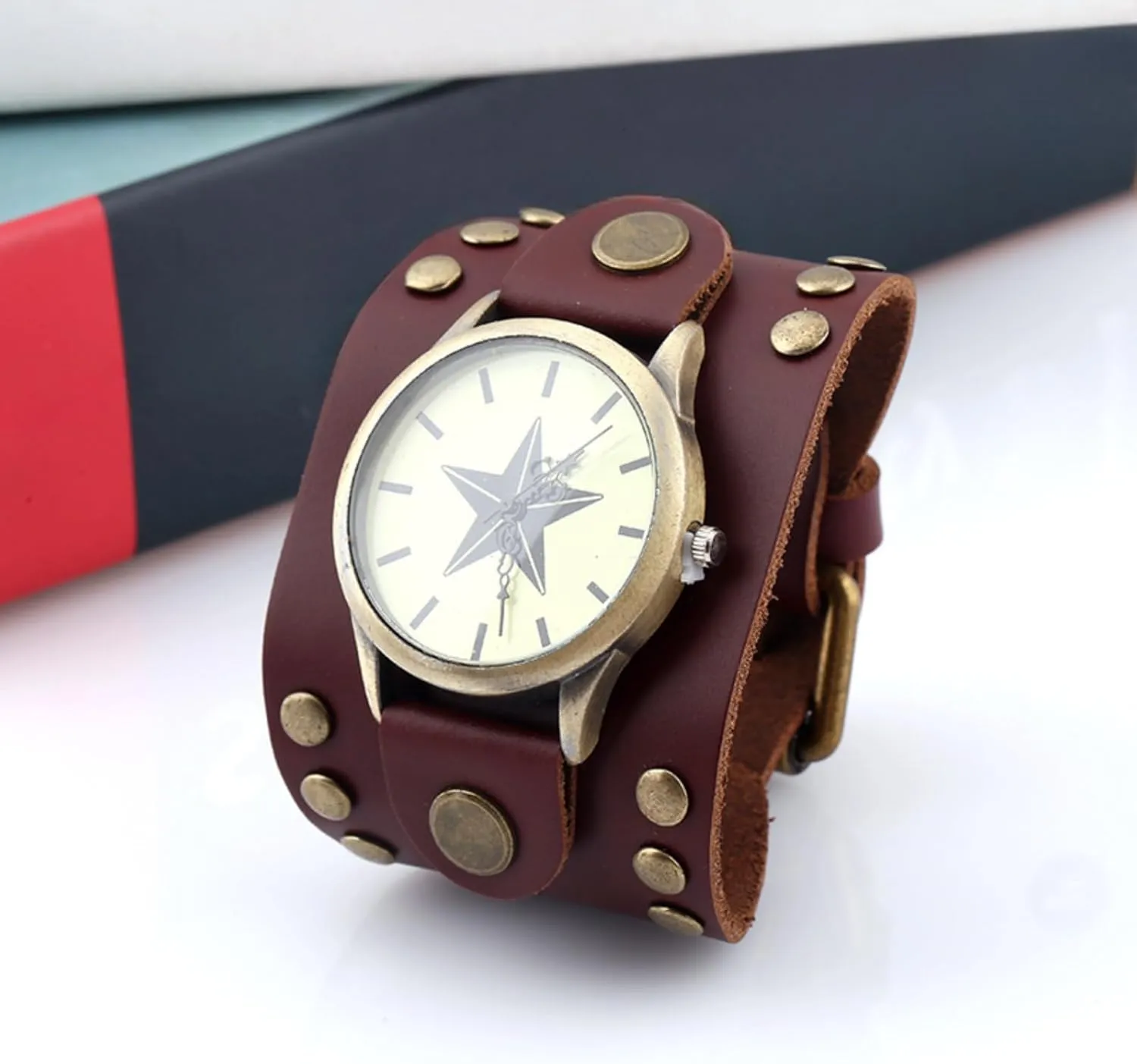 Punk Leather Bracelet Quartz Watch, Wide Leather Fashion Cuff Wristwatch Mens implication forfeit lull seismic toward pay Casual Watch, Retrol 