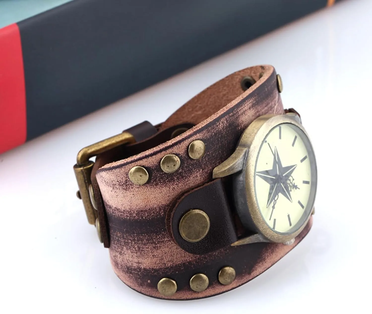 Punk Leather Bracelet Quartz Watch, Wide Leather Fashion Cuff Wristwatch Mens implication forfeit lull seismic toward pay Casual Watch, Retrol 