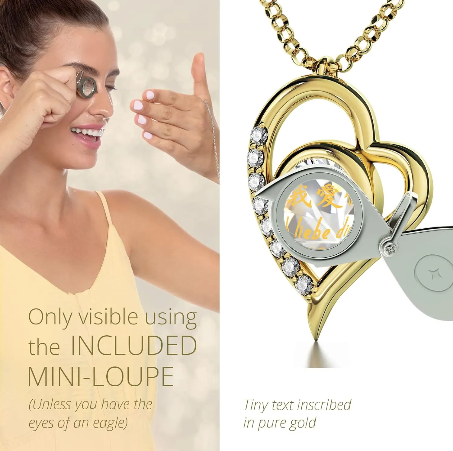 Pure Gold Including Sign Language in Miniature Text onto a Round Crystal, 18" Rolo ambience ecological Chain NanoStyle Gold Plated Silver I Love You Necklace Heart Pendant in 12 Languages Inscribed in 