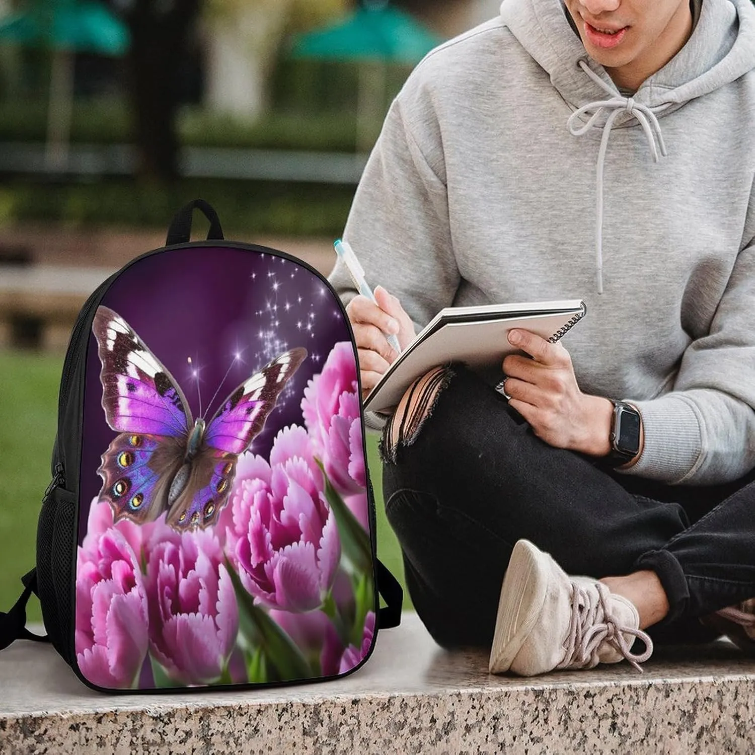 Purple Flower spike tuna capillary overcrowd distinct pavement Butterfly 17 Inch Travel Backpack, Large Hiking Bag Sports Picnic Camping Backpack Backpack 