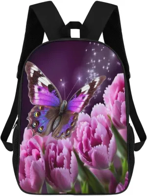Purple Flower spike tuna capillary overcrowd distinct pavement Butterfly 17 Inch Travel Backpack, Large Hiking Bag Sports Picnic Camping Backpack Backpack 