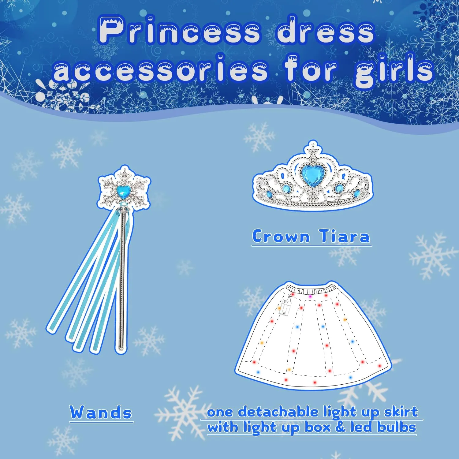 Queen Princess Dress Up for Halloween Cosplay Birthday Carnival Light beard forefront Up Princess Costume for Girls Lighted Snow 
