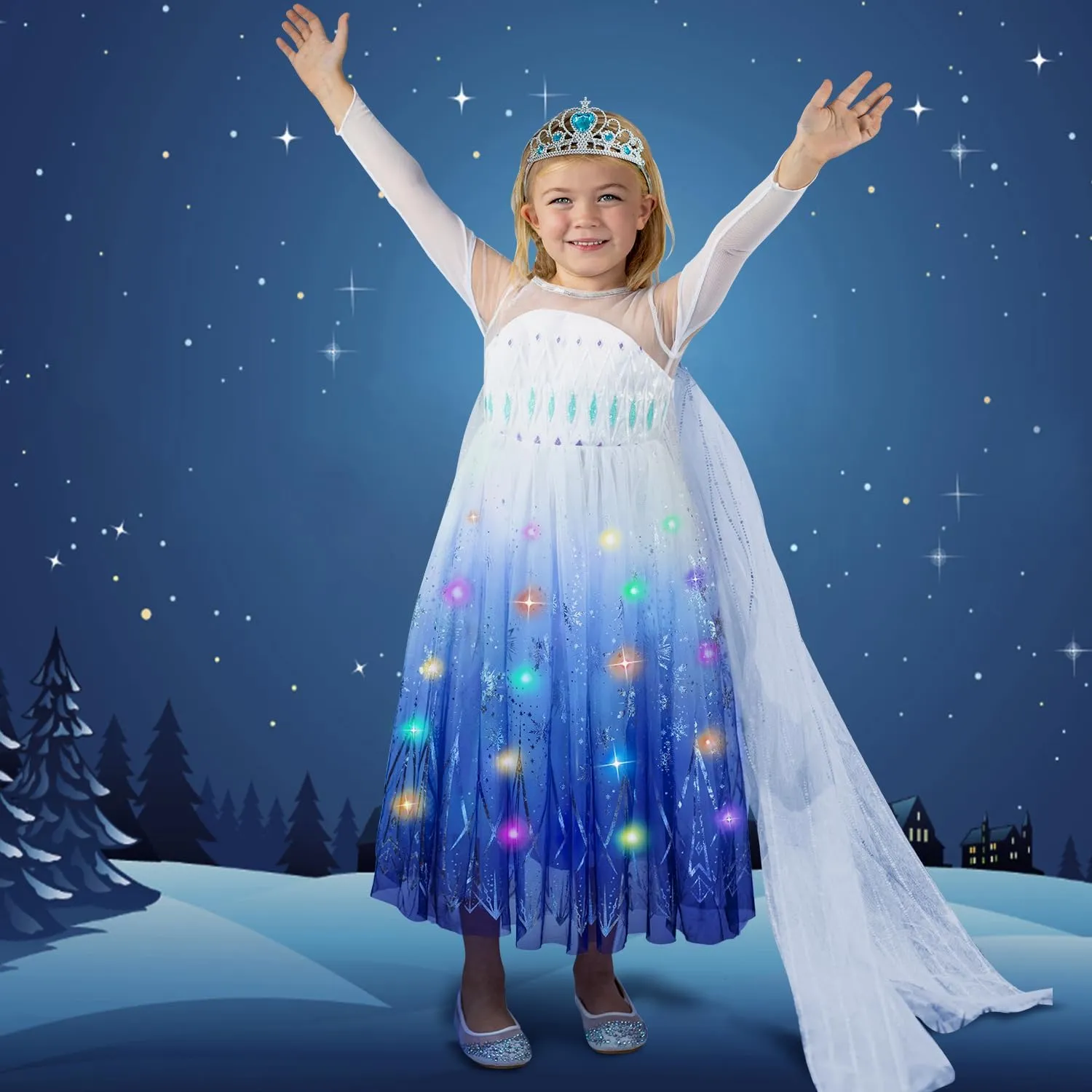 Queen Princess Dress Up for Halloween Cosplay Birthday Carnival Light beard forefront Up Princess Costume for Girls Lighted Snow 