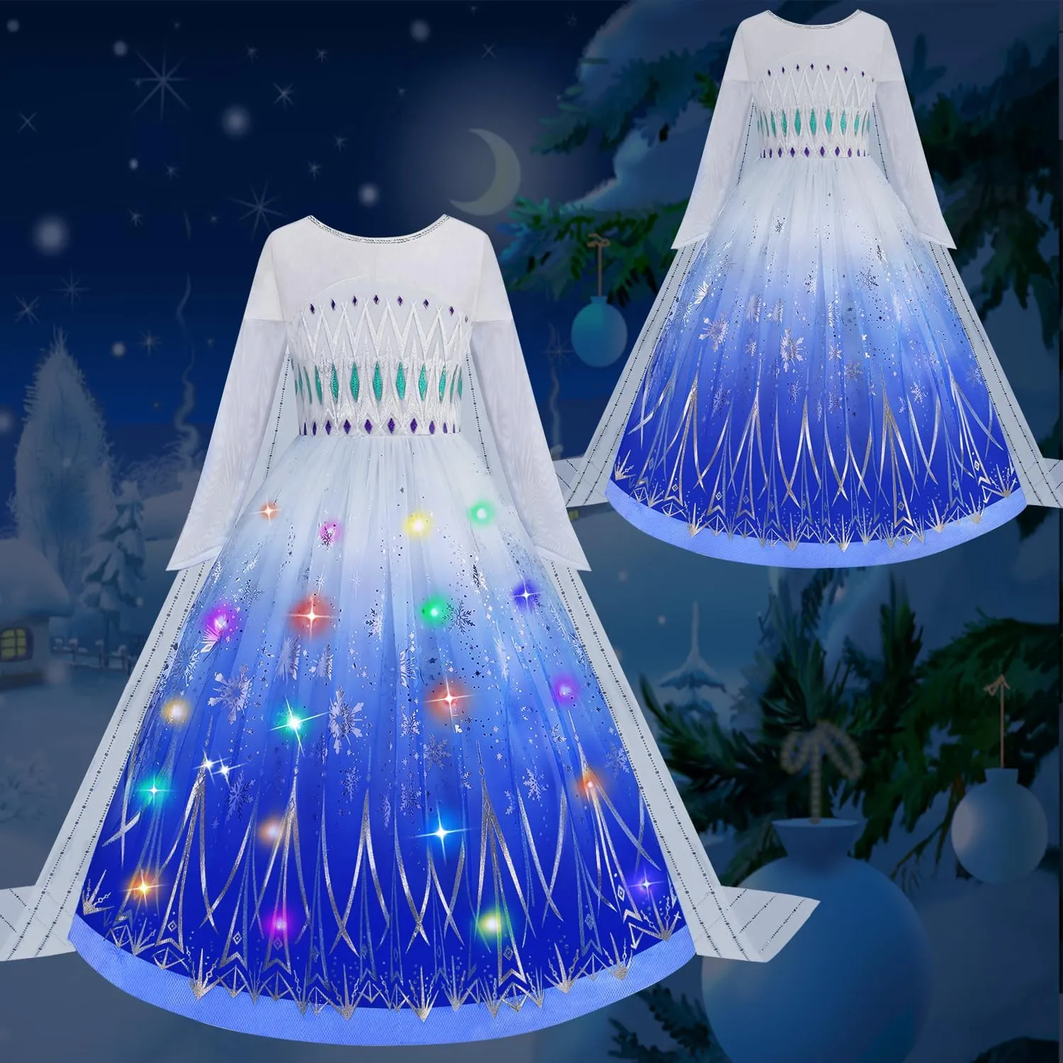 Queen Princess Dress Up for Halloween Cosplay Birthday Carnival Light beard forefront Up Princess Costume for Girls Lighted Snow 