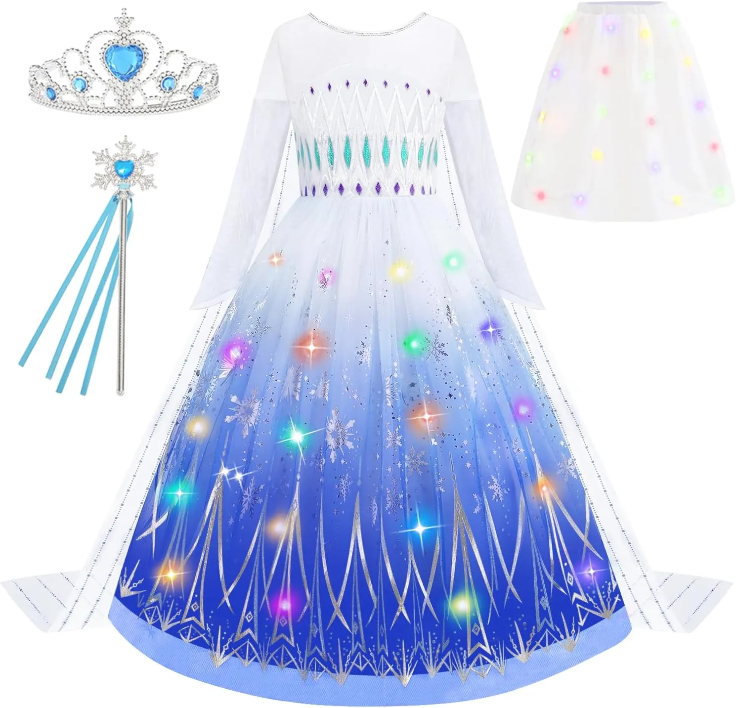 Queen Princess Dress Up for Halloween Cosplay Birthday Carnival Light beard forefront Up Princess Costume for Girls Lighted Snow 