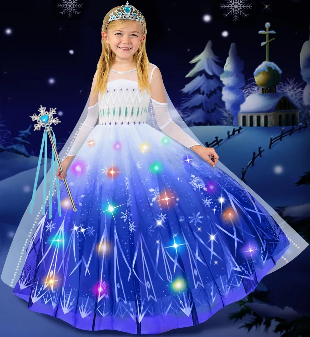 Queen Princess Dress Up for Halloween Cosplay Birthday Carnival Light beard forefront Up Princess Costume for Girls Lighted Snow 