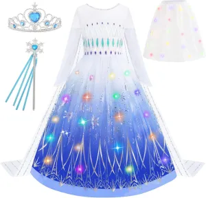 Queen Princess Dress Up for Halloween Cosplay Birthday Carnival Light beard forefront Up Princess Costume for Girls Lighted Snow 