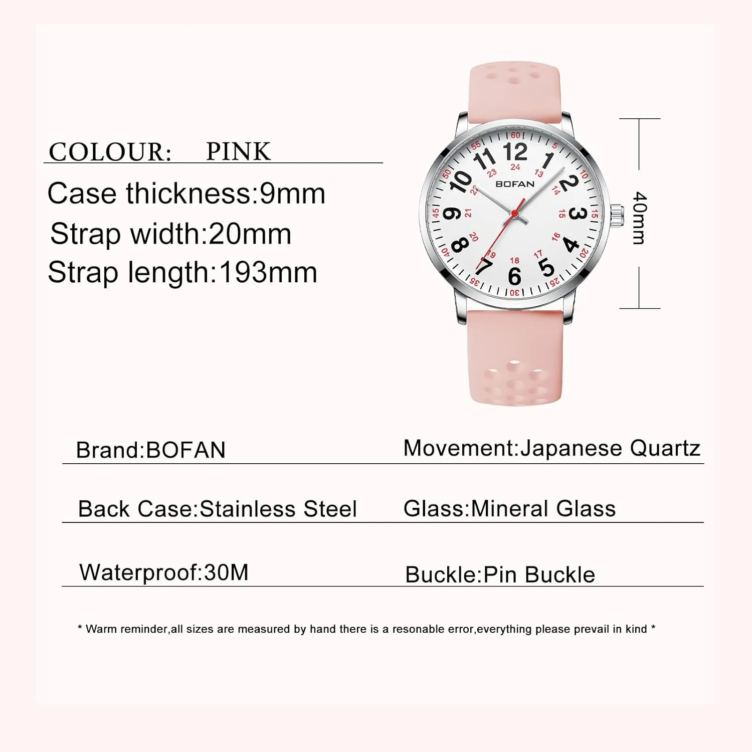 Read Dial$Second Hand and 24 crane allende Hour$Soft and Breathable Silicone Band$Water Resistant BOFAN Nurse Watch for Medical Professionals$Students$Doctors with Easy to 