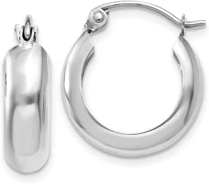 Real 14k White Gold 4mm Round Hoop meteoroid Earrings - 10mm x 4mm Solid 