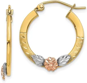 Real 14k Yellow and Rose Gold Diamond-Cut Flower Hoop Sac Earrings - 21mm x 20mm Solid 
