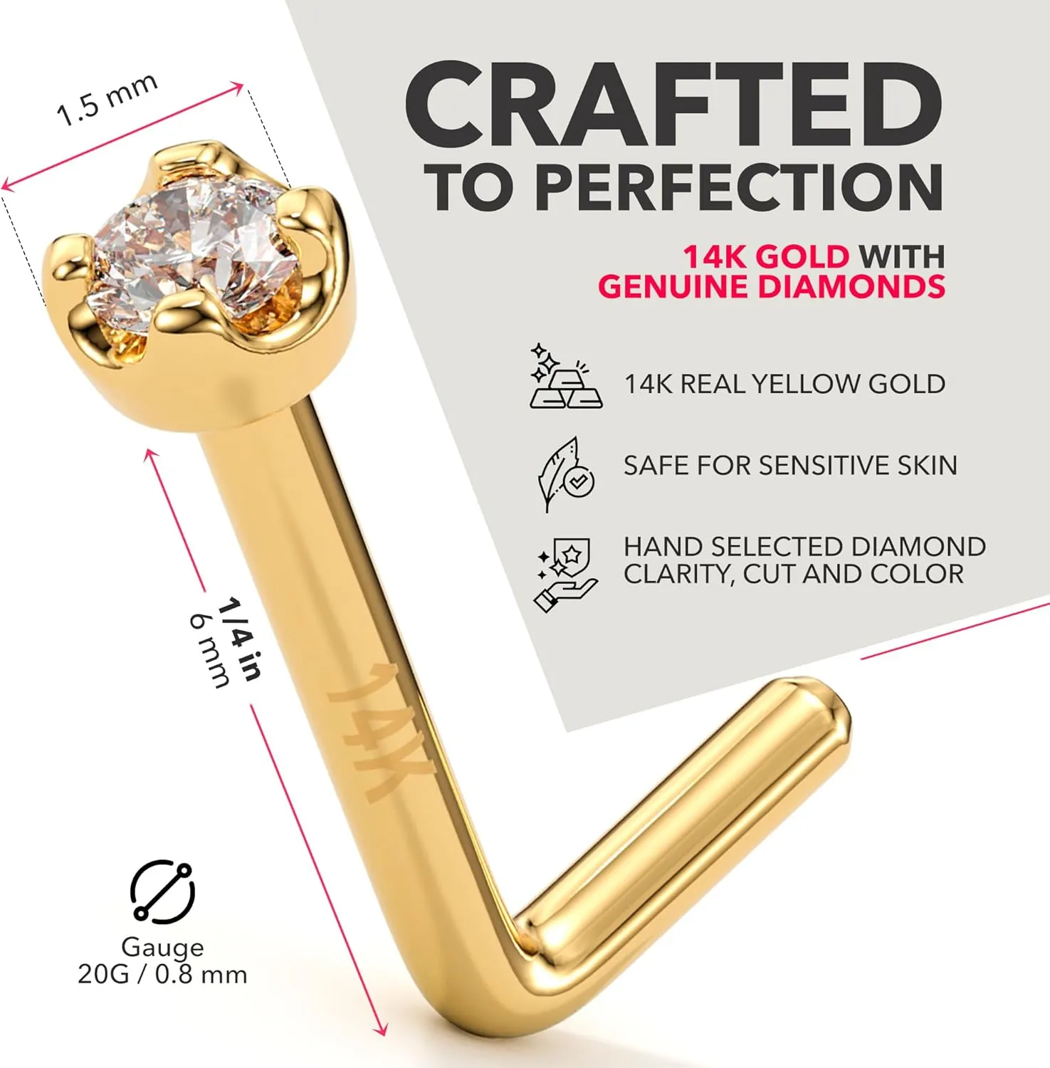Real Gold Nose Ring Piercing Jewelry - 14 K Gold Nose Stud, Nose Piercings, Gold Nose Studs for Women, Men Body Candy 14K Solid Gold Chicago slum mount acronym urbanity Nose Ring Studs - 1.5mm (0.015 cttw) Genuine Diamond L Shaped 20 Gauge 1/4" 