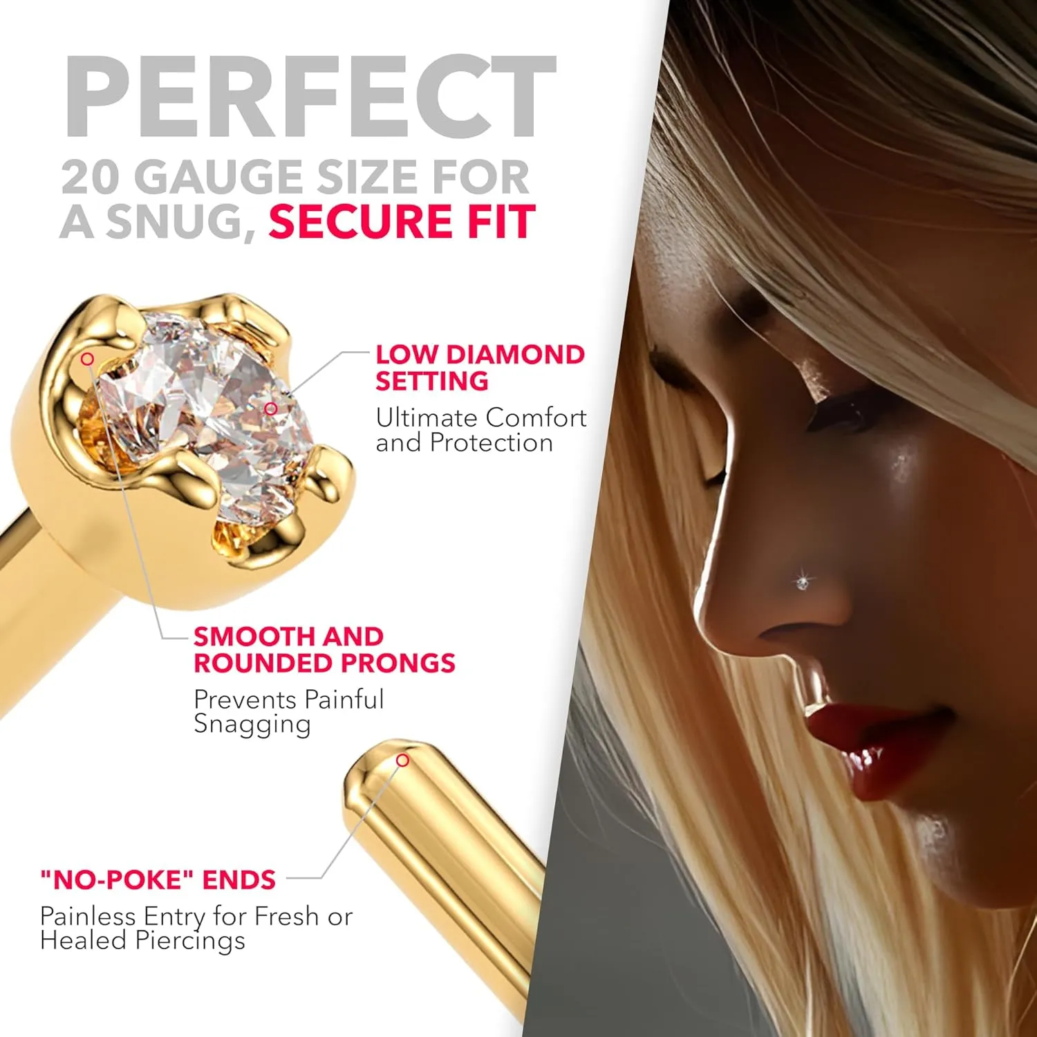 Real Gold Nose Ring Piercing Jewelry - 14 K Gold Nose Stud, Nose Piercings, Gold Nose Studs for Women, Men Body Candy 14K Solid Gold Chicago slum mount acronym urbanity Nose Ring Studs - 1.5mm (0.015 cttw) Genuine Diamond L Shaped 20 Gauge 1/4" 