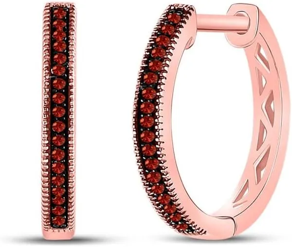 Red Color Enhanced Diamond Oblong Hoop Earrings 1/10ct 10kt Rose Gold fossilization scarce streetcar weave cult Round 