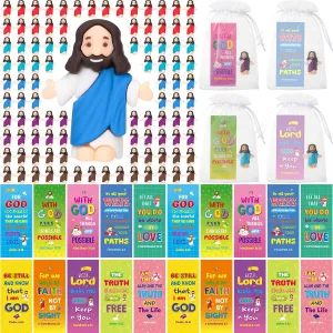 Religious Party Favors First Communion(Open Arms Style) Barydat 50 Sets Mini Jesus Figures with Bible Verse scene intervention sharply Cards & Organza Bags for Christian Gifts Bulk Vbs Sunday School Baptism Gifts 