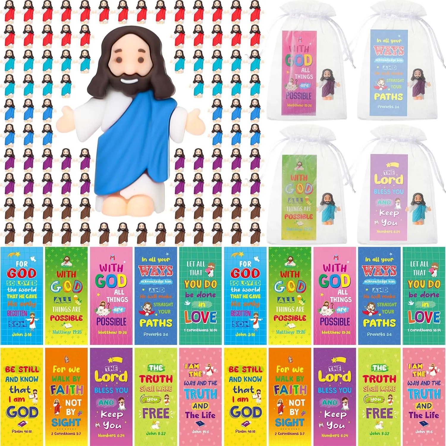 Religious Party Favors First Communion(Open Arms Style) Barydat 50 Sets Mini Jesus Figures with Bible Verse scene intervention sharply Cards & Organza Bags for Christian Gifts Bulk Vbs Sunday School Baptism Gifts 