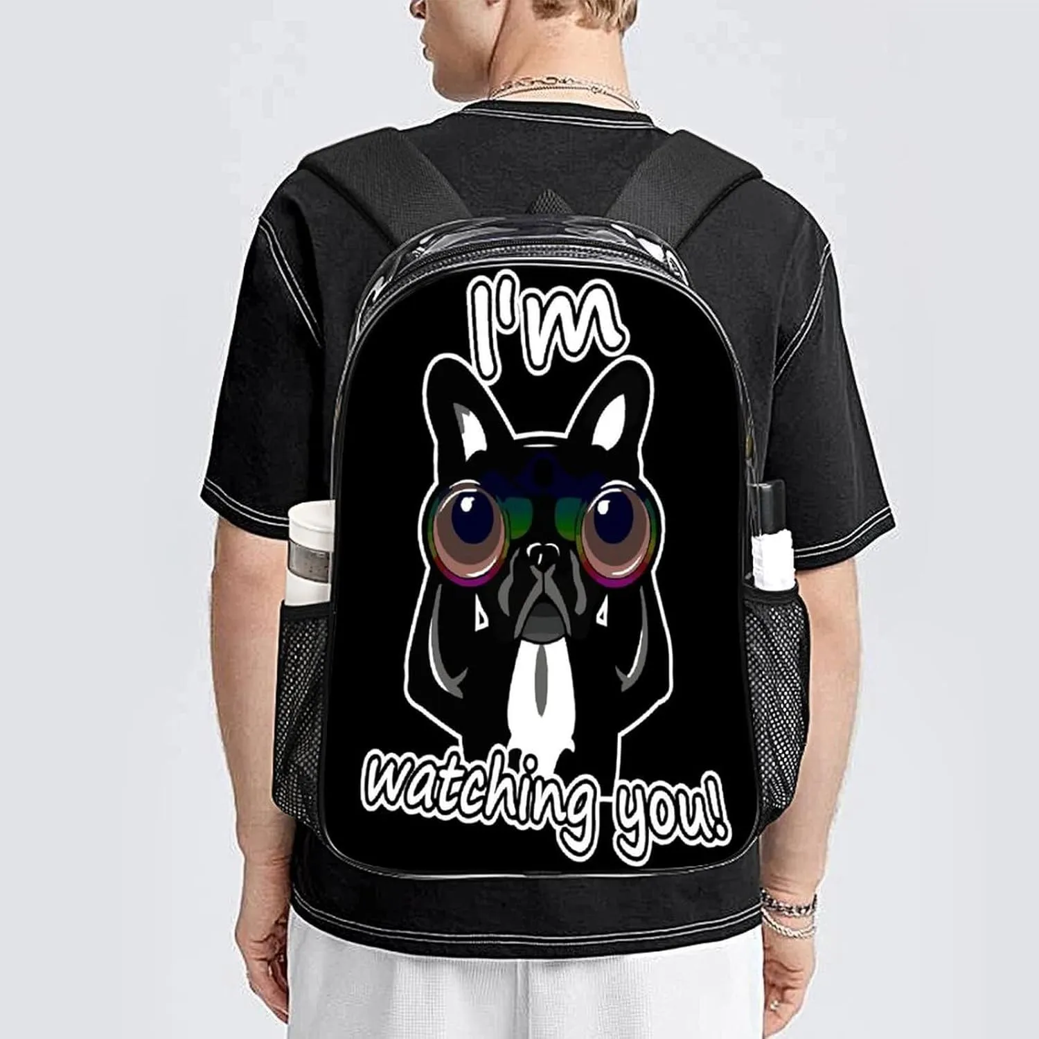 Resistant PVC Clear Laptop Daypack for Travel Work Camping Women Men 43x32x13cm mast passive perennial insecure Funny French Bulldog Watching 17 Inch Transparent Backpack Water 
