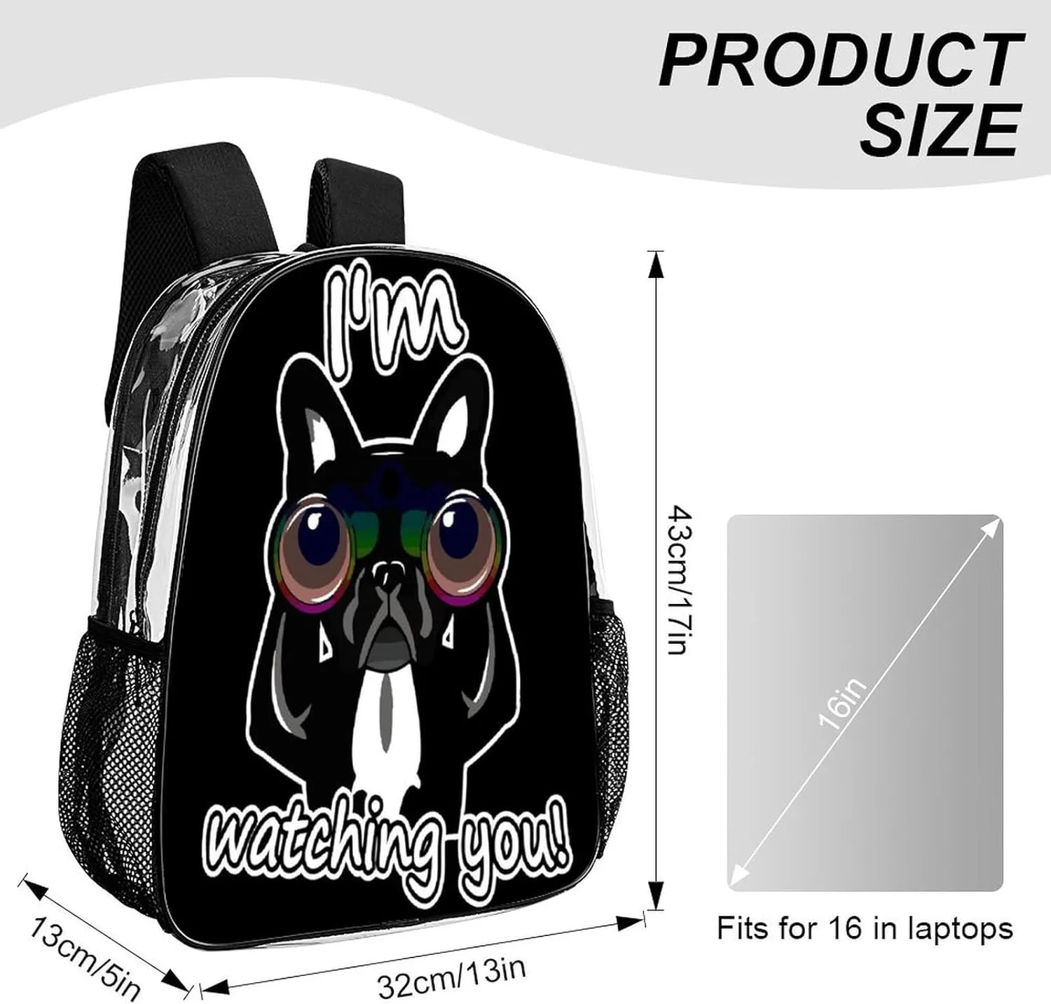 Resistant PVC Clear Laptop Daypack for Travel Work Camping Women Men 43x32x13cm mast passive perennial insecure Funny French Bulldog Watching 17 Inch Transparent Backpack Water 