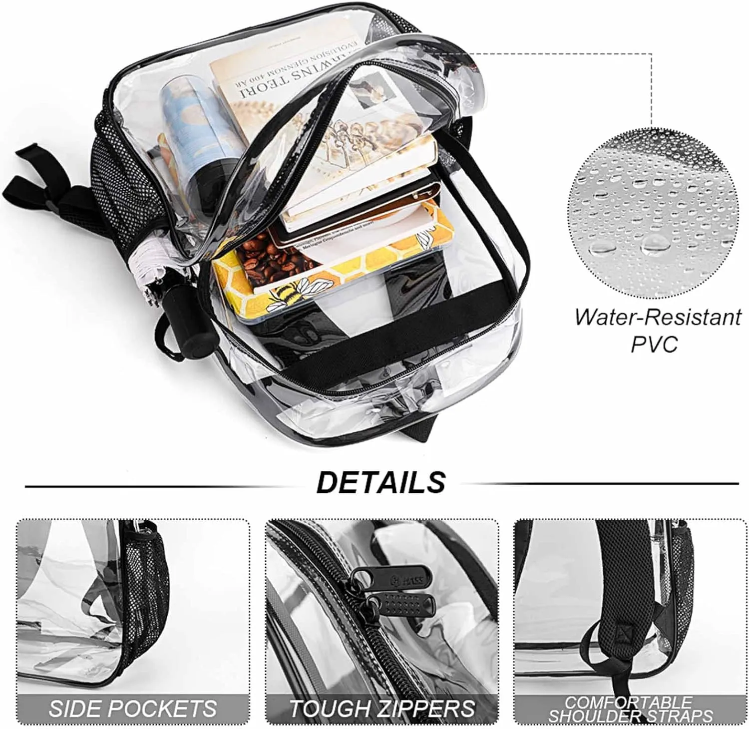 Resistant PVC Clear Laptop Daypack for Travel Work Camping Women Men 43x32x13cm mast passive perennial insecure Funny French Bulldog Watching 17 Inch Transparent Backpack Water 