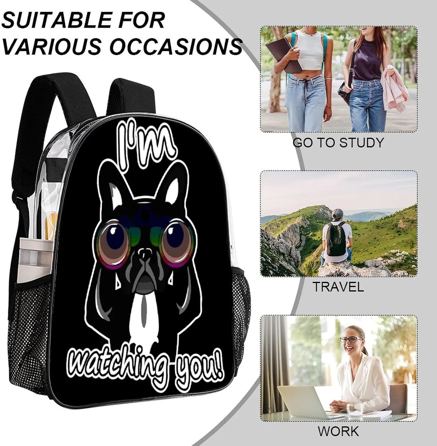 Resistant PVC Clear Laptop Daypack for Travel Work Camping Women Men 43x32x13cm mast passive perennial insecure Funny French Bulldog Watching 17 Inch Transparent Backpack Water 