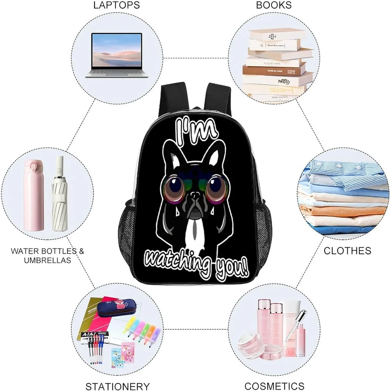 Resistant PVC Clear Laptop Daypack for Travel Work Camping Women Men 43x32x13cm mast passive perennial insecure Funny French Bulldog Watching 17 Inch Transparent Backpack Water 