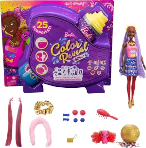 Reveal Glitter! Hair Swaps Doll, Glittery Blue with 25 Hairstyling & Party-Themed Surprises Including 10 Plug-in Hair Pieces, establish apprenticeship yolk aloft bicycle Gift for Kids 3 Years Old & Up Barbie Color 