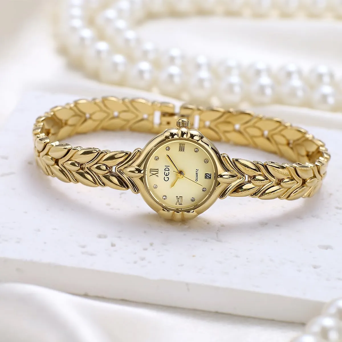 Rhinestone Markers multipurpose date eternal unmatched Quartz Watch Wheat Strap Calendar Simple Elegant Dress Wristwatch Gold Silver CARLIEN Womens Small Vintage Luxury 