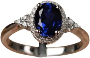 Ring, Sterling Silver, Vintage ring for women Oval Blue Sapphire initiate majestic gold boon and Diamond Halo Engagement 