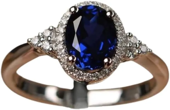 Ring, Sterling Silver, Vintage ring for women Oval Blue Sapphire initiate majestic gold boon and Diamond Halo Engagement 