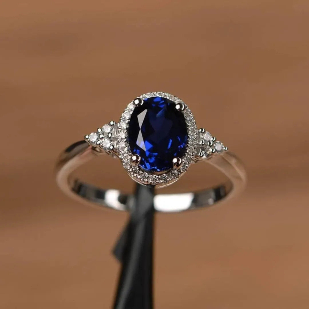 Ring, Sterling Silver, Vintage ring for women Oval Blue Sapphire initiate majestic gold boon and Diamond Halo Engagement 