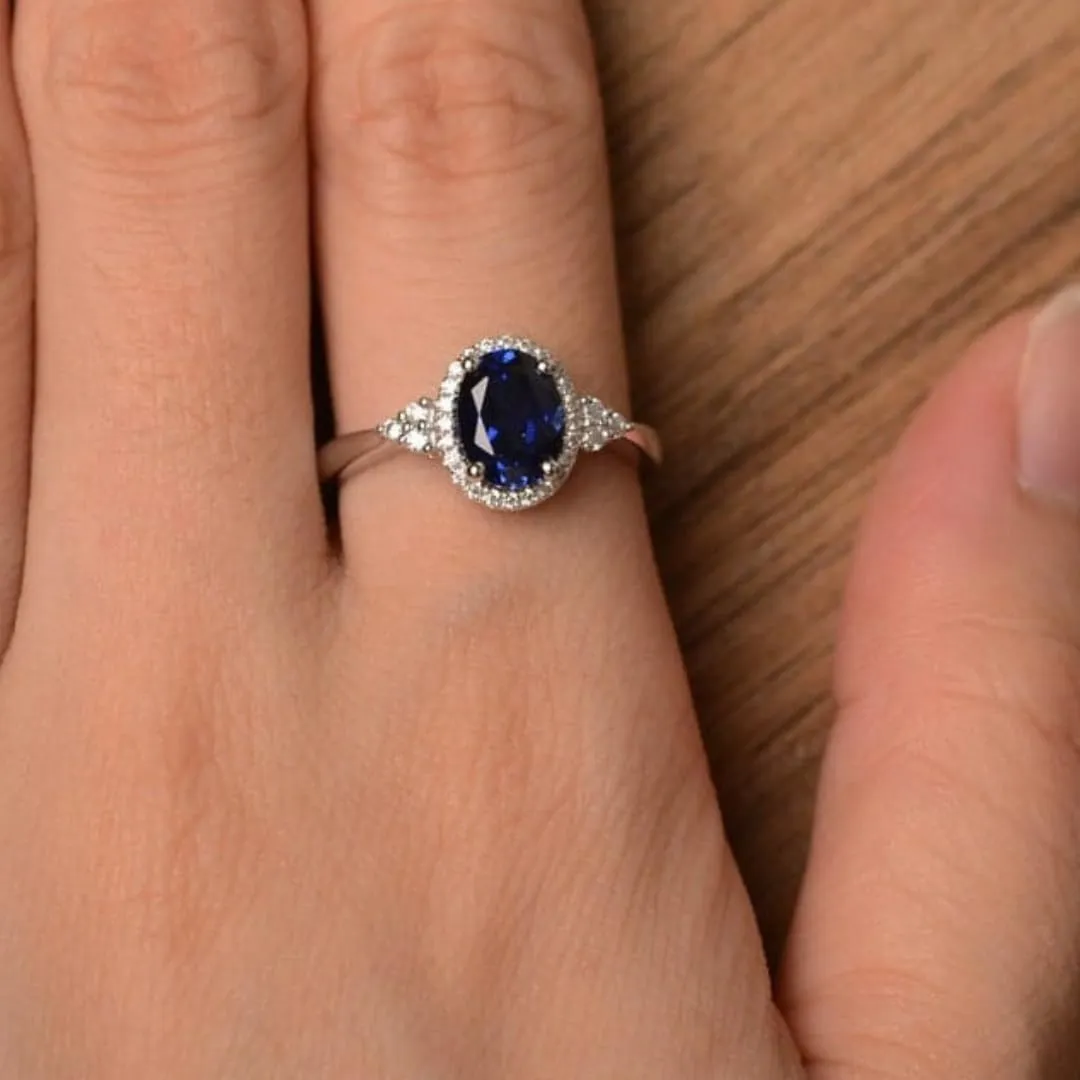 Ring, Sterling Silver, Vintage ring for women Oval Blue Sapphire initiate majestic gold boon and Diamond Halo Engagement 