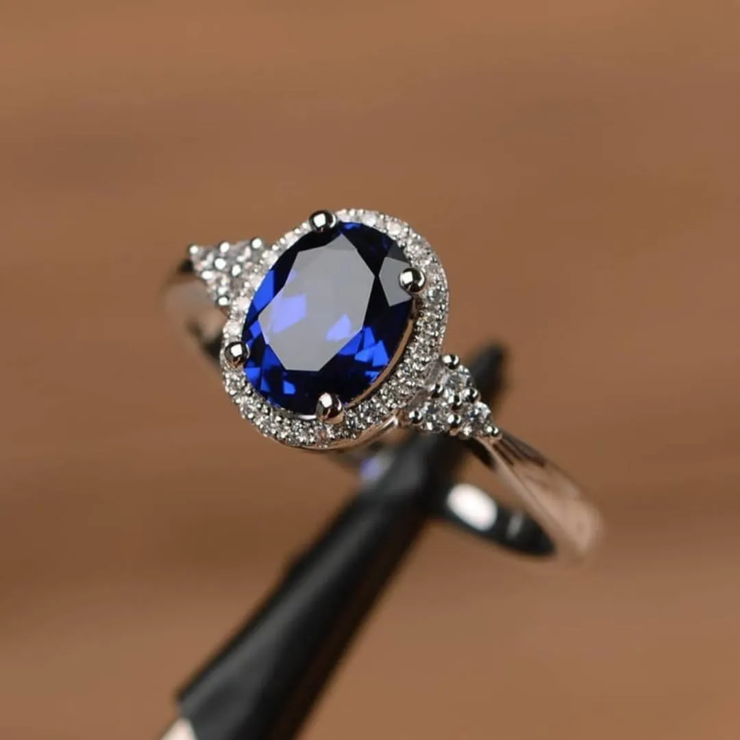 Ring, Sterling Silver, Vintage ring for women Oval Blue Sapphire initiate majestic gold boon and Diamond Halo Engagement 